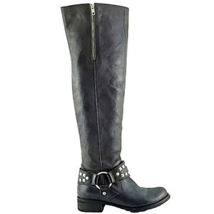 Miz Mooz Women's Miller Leather Knee High Boots Studded Harness Moto Black 6
